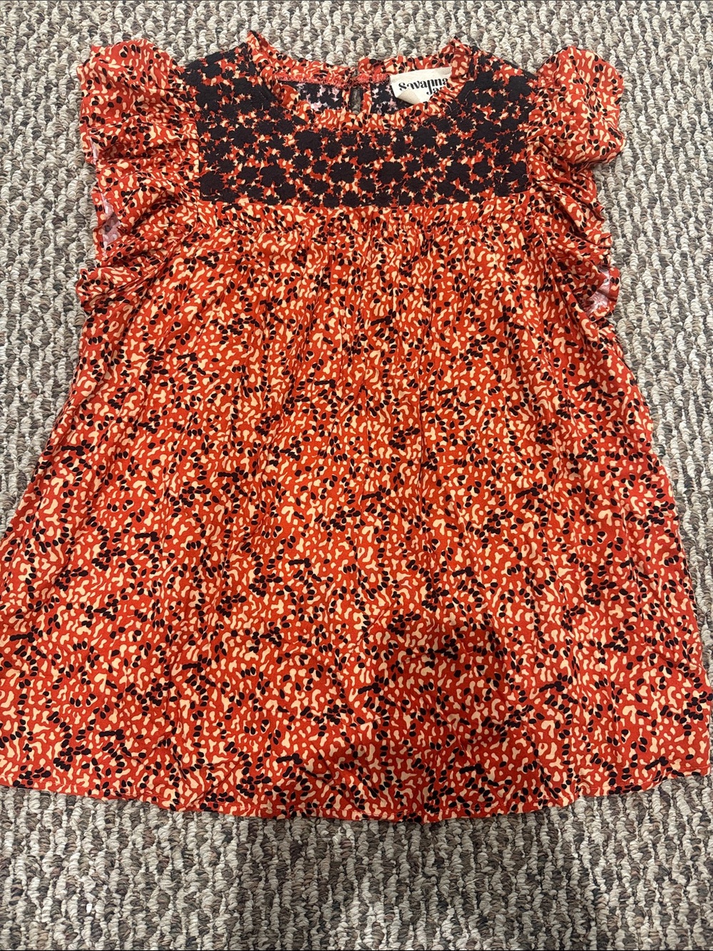 Savanna Jane Orange, Black and White Floral Yoke Ruffle-Sleeve Top